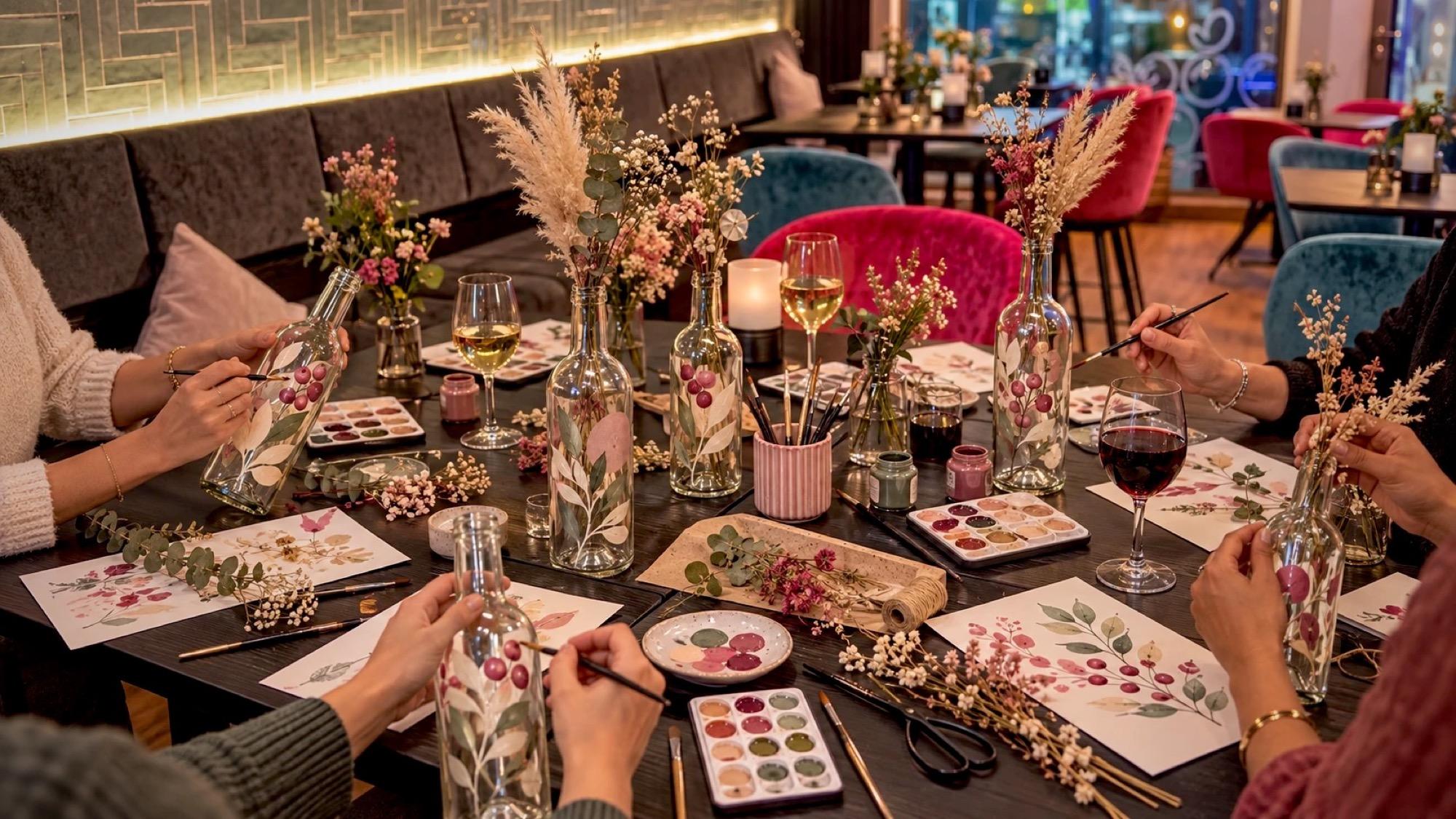 Eine Gruppe gestaltet Weinflaschen mit Trockenblumen und Aquarell an einem großen Tisch im VININO