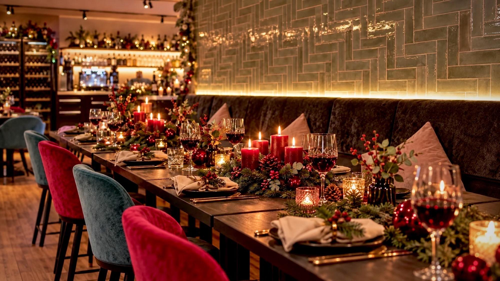 Festlich gedeckte Weihnachtstafel mit Kerzen, Tannengrün und Rotwein im VININO