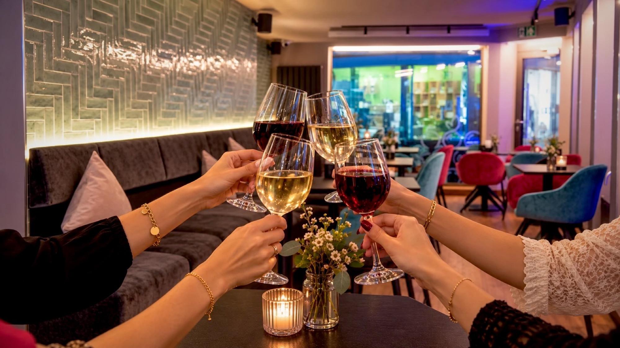 Mehrere Hände stoßen mit Rot- und Weißwein an einem Tisch im VININO an