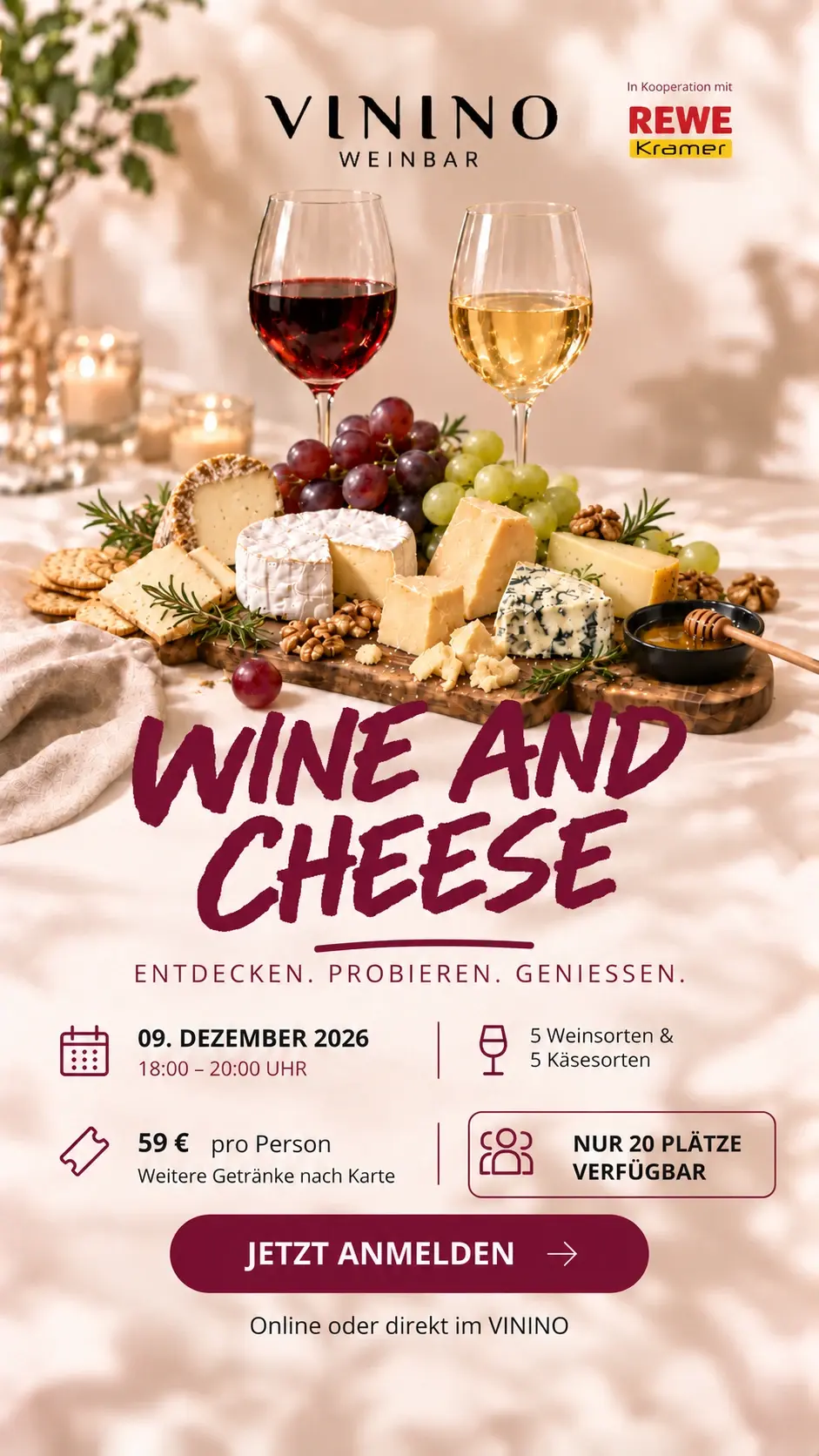 Plakat Wine and Cheese: Rotwein und Weißwein mit einer Käseplatte, Trauben, Walnüssen und Honig